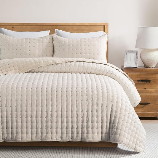 WDCOZY Beige Oversized King Quilt Set, California Cal King Rustic Bedspread, Textured Like Linen, Lightweight Soft Farmhouse Coverlet, Spring Summer Thin Comforter, 3 Pieces, 116x106 inches