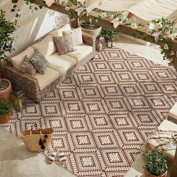 jinchan 8x10 Faux Jute Area Rug Washable Tile-Inspired Rug Terracotta Brown | Vintage Geometric, Non-Slip, Low Pile, Indoor Outdoor, Natural Fiber Look, Living Room, Dining Room, Backyard, Bedroom, Patio