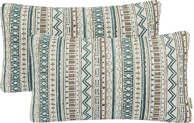 Mika Home Pack of 2 Oblong Pillow Covers,Striped,12x20 Inches, Green Taupe | Lumbar Pillow Cases for Sofa Couch Living Room, Bohemian Striped Geometric Pattern