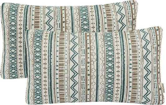 Mika Home Pack of 2 Oblong Pillow Covers,Striped,12x20 Inches, Green Taupe | Lumbar Pillow Cases for Sofa Couch Living Room, Bohemian Striped Geometric Pattern