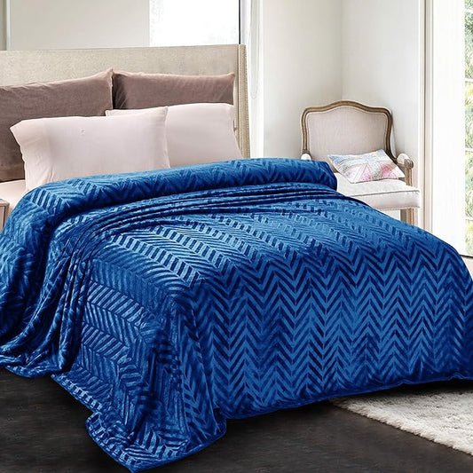 Whale Flotilla Flannel Fleece Bed Blanket King Size, Royal Blue | Lightweight Breathable Soft Bedspread, Plush Fluffy Coverlet Chevron Design Decorative Blanket for All Season, 90x104 Inch