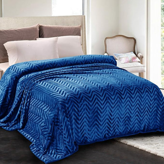 Whale Flotilla Flannel Fleece Bed Blanket Queen Size, Royal Blue | Lightweight Breathable Soft Bedspread, Plush Fluffy Coverlet Chevron Design Decorative Blanket for All Season, 90x90 Inch