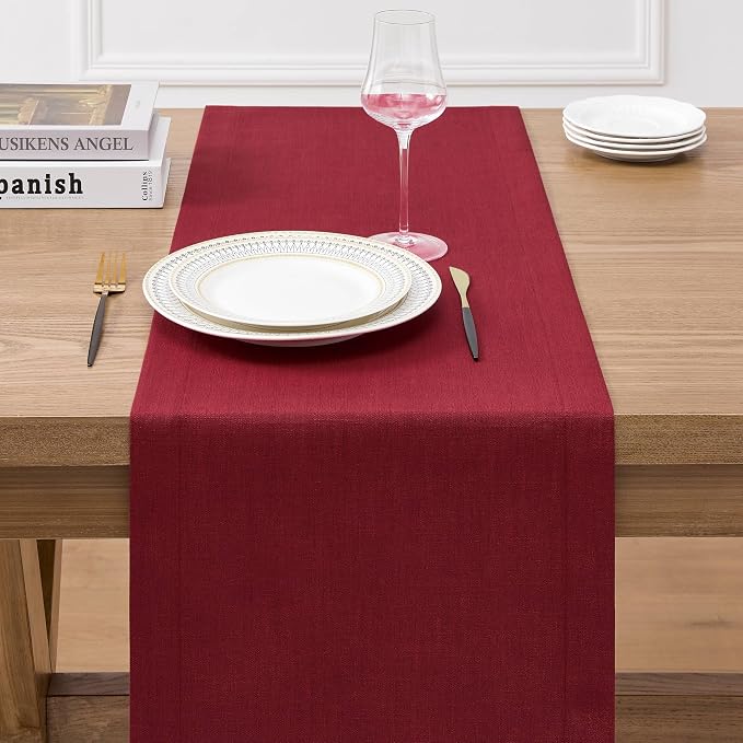 ZeeMart Linen Textured Border Table Runner, 14 x 48 Inch Red | Mitered Corner Design, Medium Weight Fabric, Modern Farmhouse Style, Machine Washable Easy Care Everyday Table Scarf
