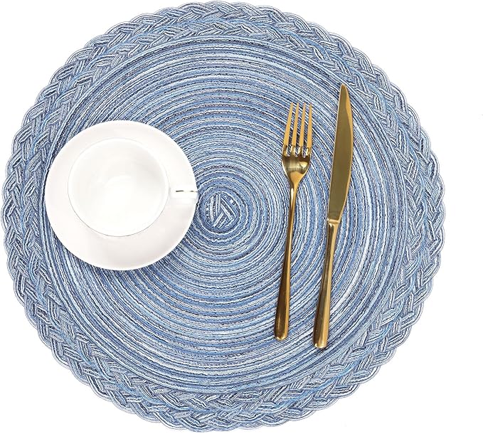 SHACOS Round Placemats Set of 6 Woven Kitchen Table Mats 15 inch Circle Braided Border Washable Cotton Polyester Place Mats, Multicolor Blue Grey