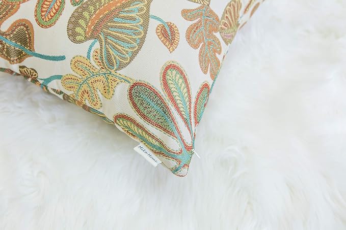 Mika Home Set of 2 Jacquard Tropical Leaf Pattern Throw Pillow Covers Decorative Pillowcase 20X20 Inches,Teal Cream