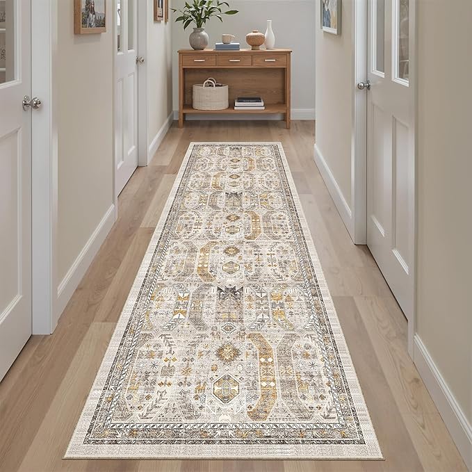 Madane Hallway Runner Rug 2x8 Washable Kitchen Rugs Non-Slip, Brown/Gold | Vintage Machine Washable Low-Pile Floor Carpet 8ft, Soft Ultra-Thin Throw Entry Foyer Mat for Entrance Laundry Living Room