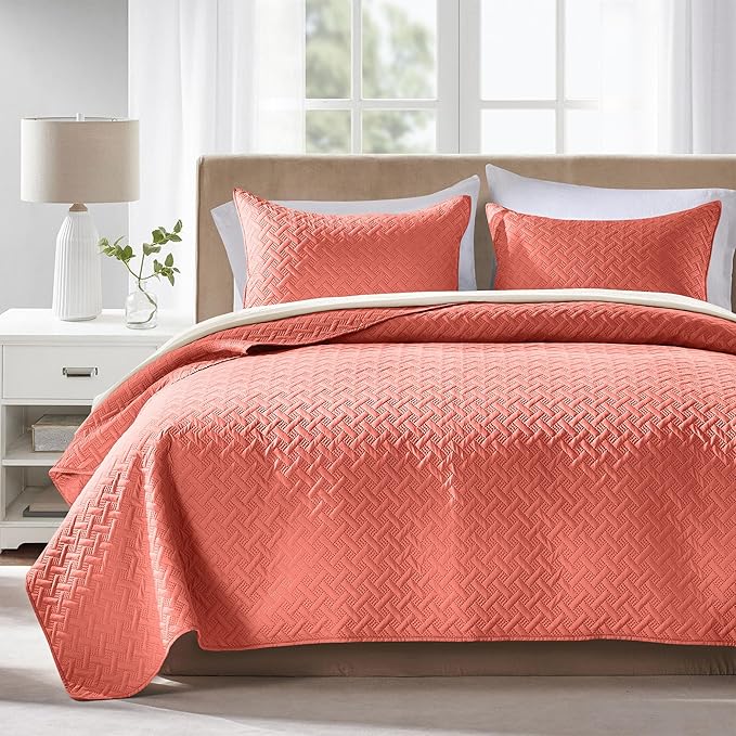 FLYMME Quilts King Size,Lightweight Coral Bedspreads,Basket Weave Pattern,Ultra Soft Microfiber Bed Coverlet 3 Pieces for All-Seasons (1 Quilt,2 Pillow Shams)