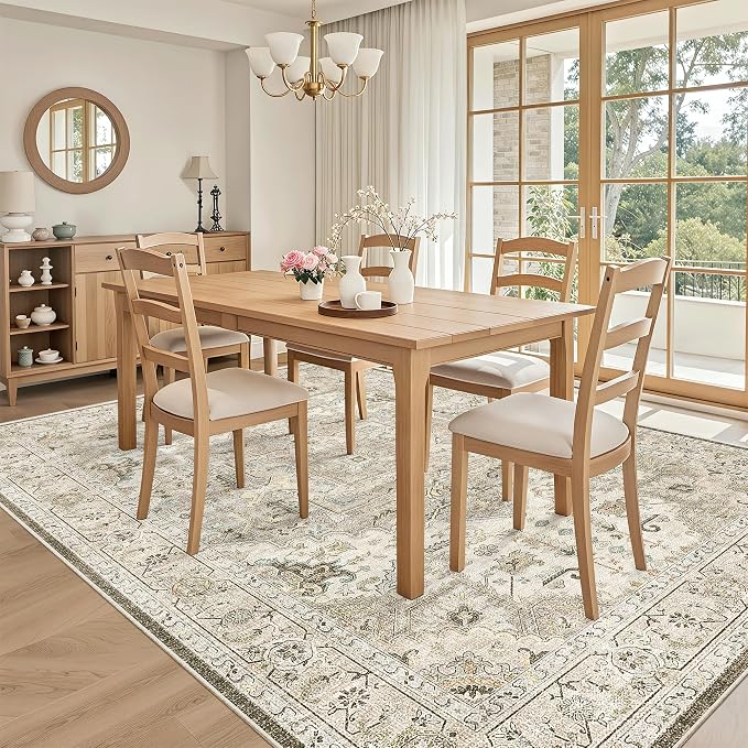 Madane 6x9 Area Rugs for Living Room, Vintage Washable Rug, Ivory/Brown | Stain Resistant Floor Carpet With Non-Slip Backing For Bedroom, Dining Bedroom And Office, Soft Low-Pile Home Decor Mat
