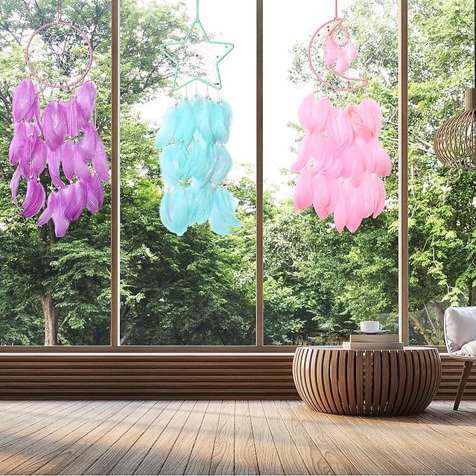 Jetec 3 Pcs Dream Catcher for Girl Star Sun Moon Decor, Sweet Color