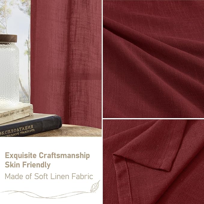Semi Sheer Linen Curtains 63 Inch for Living Room 52 x 63 Inch | Christmas Decor, Curtains for Bedroom, Kitchen, Small Window, Light Filtering, Rod Pocket Back Tab, Burgundy Red, 2 Panels