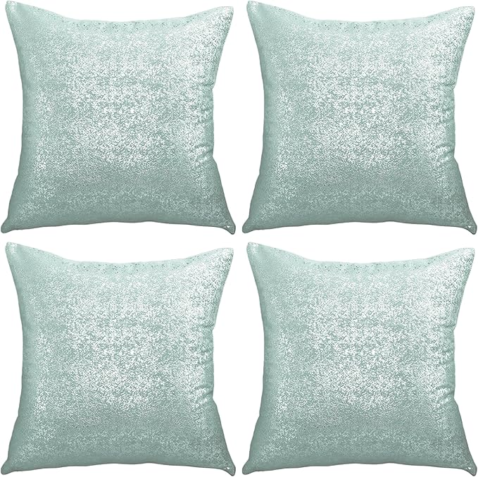Gyulin Pack of 4,Silver Velvet Throw Pillow Covers 18x18 Inches, Sparkle Silver Foil Print Solid Square Pillow Covers Cushion Covers for Couch Sofa Home Bedroom Decor, Aqua Green