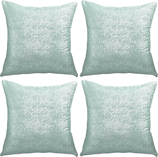 Gyulin Pack of 4,Silver Velvet Throw Pillow Covers 18x18 Inches, Sparkle Silver Foil Print Solid Square Pillow Covers Cushion Covers for Couch Sofa Home Bedroom Decor, Aqua Green