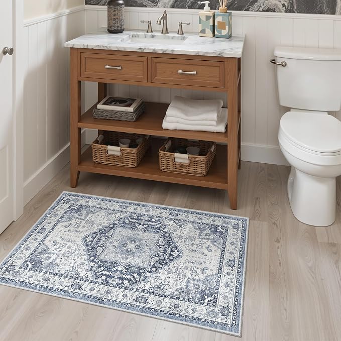 Madane Washable Area Rug 2x3 Small Entryway Rugs Non-Slip, Navy/White | Vintage Stain-Resistant Door Mat Indoor Entrance, Low Pile Floor Carpet for Inside Front Bedroom Kitchen Entry Laundry, Stair