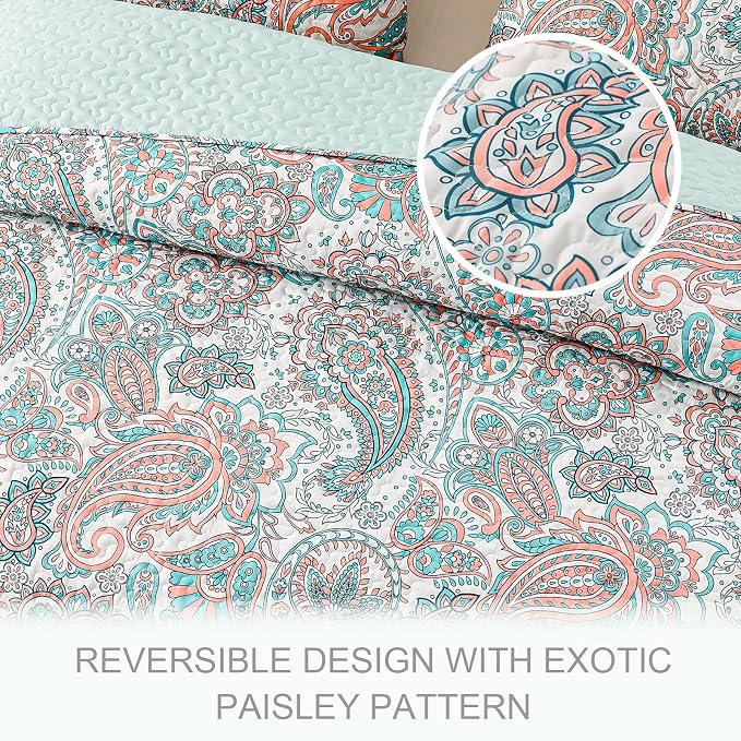 Exclusivo Mezcla Reversible Boho Quilts Queen Size Aqua | Lightweight Soft Bedspreads, All Season Paisley Coverlet Bedding Set, Printed Floral Pattern, 1 Quilt and 2 Pillow Shams