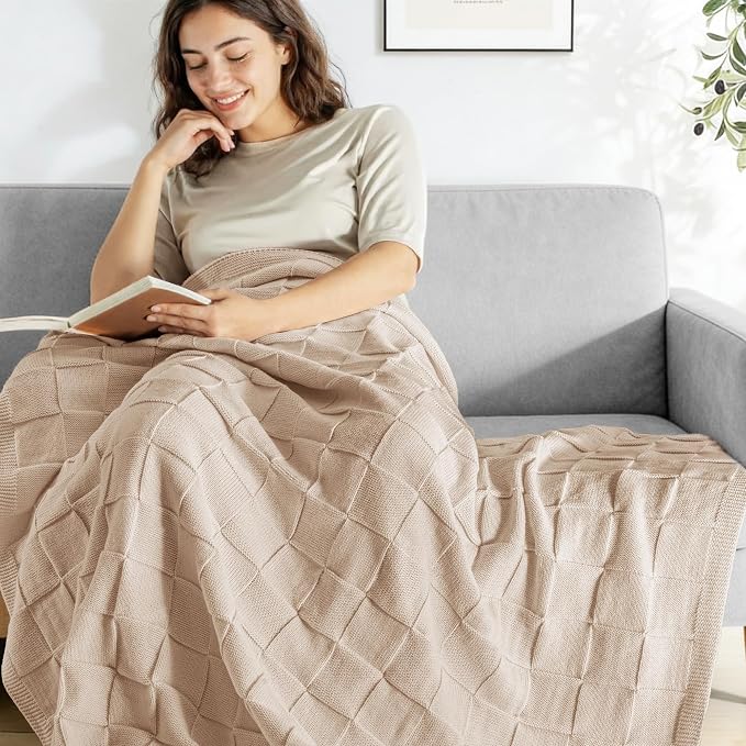 Whale Flotilla Checkered Knit Throw Blanket for Couch, Camel | Soft Decorative Knitted Blankets for Couch Sofa Bed, Lightweight Cozy Throws for Spring Summer, 50x60 Inch
