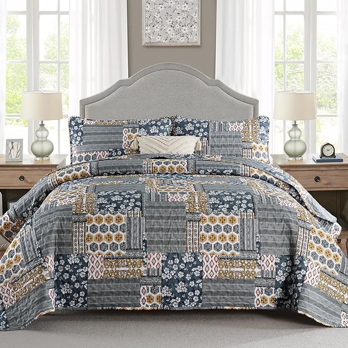 Mybedsoul Boho Quilts Queen Size, Floral Patchwork Bedding Set, Dark Grey | Soft Lightweight Microfiber Coverlet Set, 3 Pieces Plaid Reversible Bedspread, Bed Sets for All Seasons 96"x90"