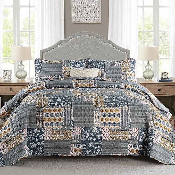 Mybedsoul Boho Quilt King Size, Patchwork Floral Bedding Set, Dark Grey | Soft Lightweight Microfiber Coverlet Set, 3 Pieces Reversible Plaid Bedspread, Bed Sets for All Seasons 90"x110"