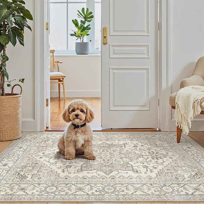 Madane Washable Entry Rug 3x4 Area Rugs for Entryway Kitchen, Beige/Brown | Vintage Printed Door Mat Indoor Entrance, Low-Pile Floor Carpet Runner for Inside Front Bedroom Kitchen Entry Laundry, Stair