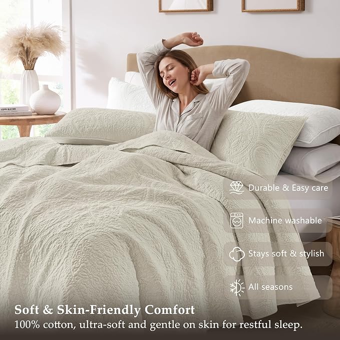 palassio Beige Paisley 100% Cotton Quilt Twin Size Bedding Sets with 1 Pillow Sham, Boho Floral Lightweight Farmhouse Country Vintage Soft Bedspread Shabby Chic Coverlet for All Season, 2 Pieces