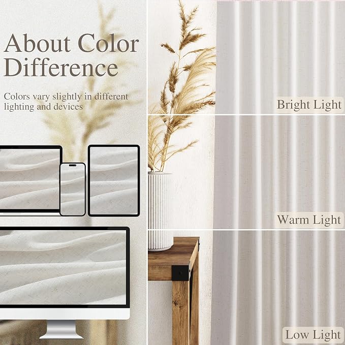 Natural Linen Curtains 120 Inches Long for Living Room Light Filtering Sheer Curtains Back Tab and Rod Pocket Farmhouse Floor to Ceiling Curtain for Bedroom High Window 52x120, 2 Panels