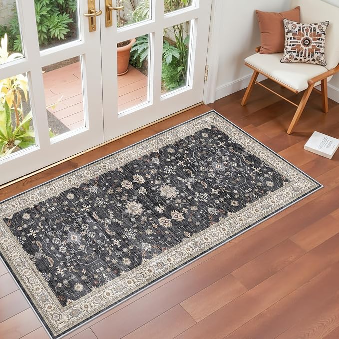 RUUGME 2x4 Entryway Runner Rugs: Non-Slip Washable Small Runners for Kitchen Vintage Low Pile Carpet for Indoor Entrance Hallway Soft Thin Stain Resistant DoorMat for Bathroom Bedroom(Black/Multi,2x4)