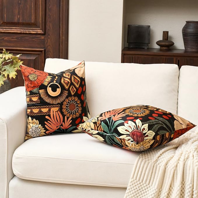 Tyrot Black Boho Floral Fall Velvet Throw Pillow Covers 18x18 Set of 2 Farmhouse Cushion Covers Mid Century Modern Botanical Home Decor Accent Pillow Cases for Couch Bed Sofa Living Room, Bedroom