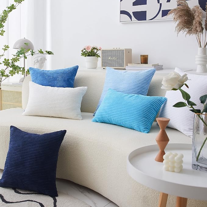 Home Brilliant Blue Throw Pillow Covers Striped Velvet Couch Pillow Cushion Covers Set of 2 Large Pillows Covers for Couch Bench Sofa Bedroom, 55 x 55cm, 22 x 22 Inch, Baby Boy Blue