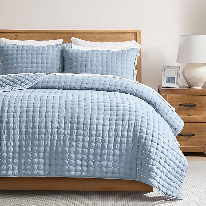 WDCOZY Twin Quit Size Bedding Sets with Pillow Sham, Lightweight Soft Bedspread Coverlet, Quilted Blanket Thin Comforter Bed Cover for All Season, 2 Pieces, 68x90 inches, Blue