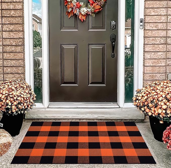 Orange and Black Door Mat Outdoor 27.5''x 43.3''Fall Layered Doormat Woven Washable Farmhouse Front Porch Rug for Hallween Mat,Entryway,Bedroom,Patio