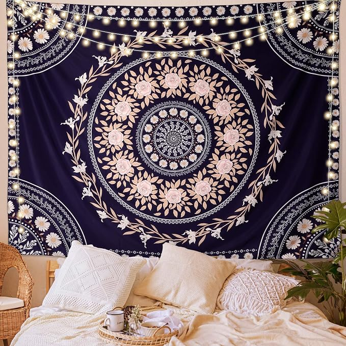 FLY SPRAY Mandala Tapestry Aesthetic,Boho Tapestries Wall Hanging,Dark Rose Floral Medallion Tapestrys,Bohemian Wall Art Hippie Decor for Bedroom Living Room Ceiling
