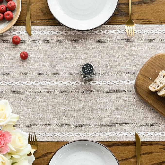 Artoid Mode Brown Rustic Cotton Linen Table Runner, Seasonal Embroidered Hollow Kitchen Dining Table Decoration for Home Party Decor 13x36 Inch