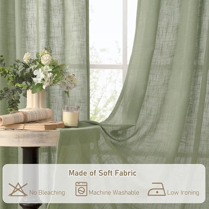 Sage Green Linen Curtains 84 inch Length 2 Panels Set, 34 x 84 Inch | Semi Sheer, Light Filtering, Living Room Curtains, Spring Decor, Neutral Boho, Drapes for Bedroom, Bronze Grommet