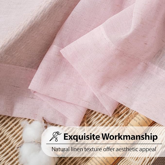 FMFUNCTEX Pink Linen Sheer Curtains, 96 Inches, 2 Panels for Bedroom | Semi Sheer Drapes, Flax Linen, Rod Pocket, Light Filtering, Farmhouse French, Kitchen, Privacy, Girls, for Living Room