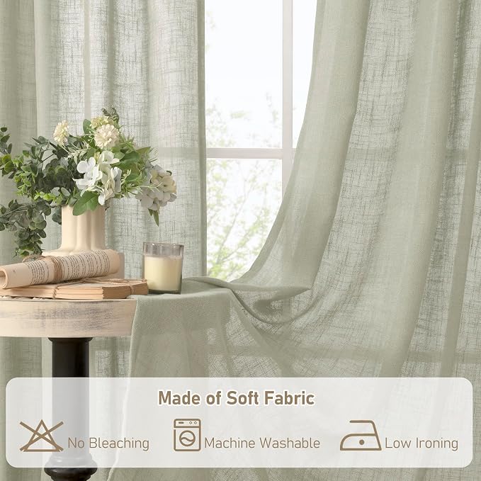 Sage Grey Linen Curtains 54 Inch Length 2 Panels for Bedroom | Light Filtering Panels, Semi Sheer, Rod Pocket Back Tab, Neutral Drapes for Kitchen Window, Living Room, 52 x 54 Inch