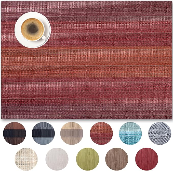 Placemats Set of 12 - Easy Clean Woven Vinyl Placemats for Dining Table, Indoor/Outdoor Place Mats, Washable PVC Table Mats（Pomegranate Parade）