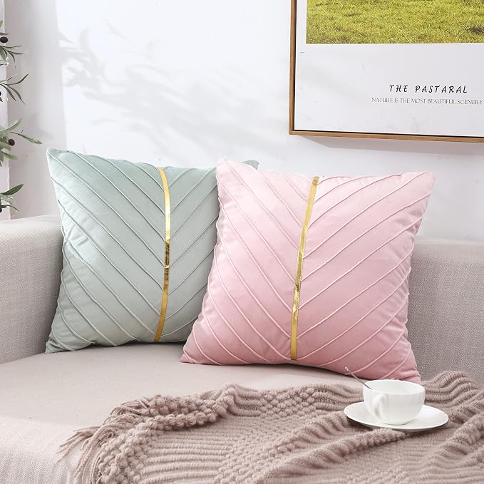 Velvet Throw Pillow Covers 18x18 Pack of 2 Gold Decor Mint Green