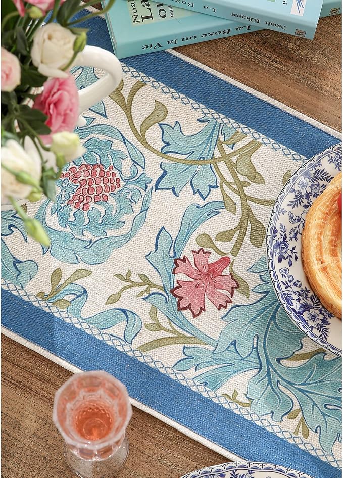 Patdrea Designer Vintage French Linen Table Runner,12"X102"-from | Tablerunner 102 Inches Long,Elegant Blue Floral Pattern,Thanksgiving Dining Table Decor for Living Room Banquet