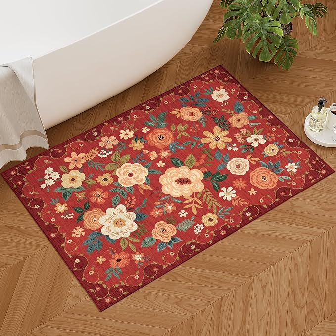 DUKINO 2x3 Entryway Rug, Floral Door Mat Soft Washable Rug Non Slip, Red | Low Pile, Non-Shedding Small Rug for Kitchen, Entrance, Bedroom, Bathroom, Pet Friendly, Stain Resistant, Modern Home Decor
