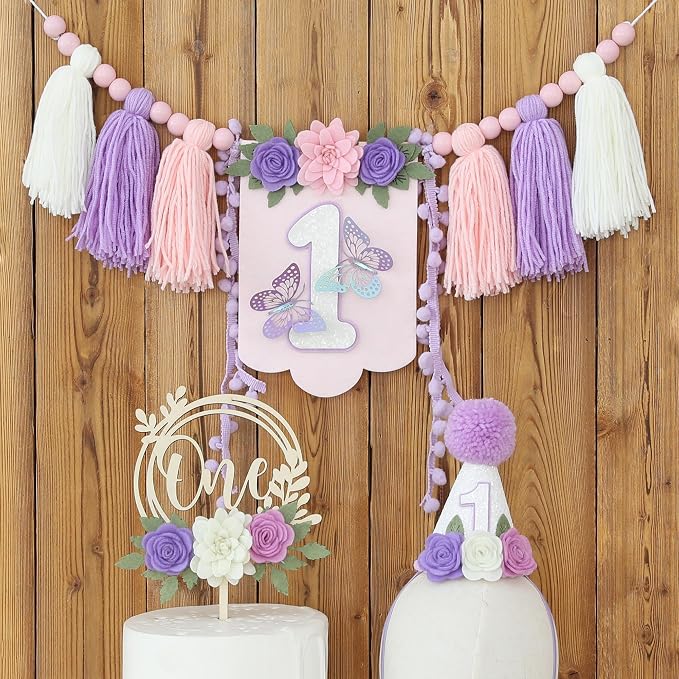 JUIIZAY Flower 1st Birthday Party Decorations for Girl Butterfly Highchair Banner 1st Hat One Floral Cake Topper Party Decor