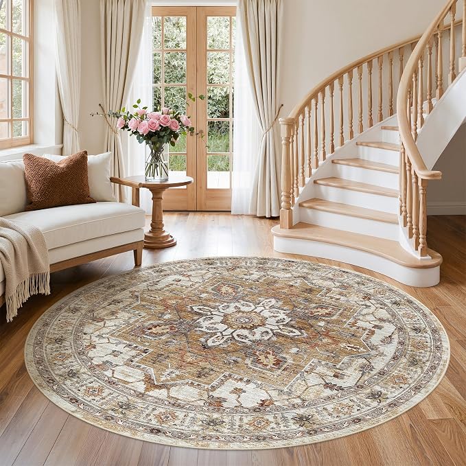 Madane Washable 6ft Circle Round Rug, 6x6 Circular Area Rugs, Turmeric/Grey | Non-Slip Vintage Floor Carpet for Living Room Dining Room, Low Pile Home Decor Mat For Bedroom Office Under Table