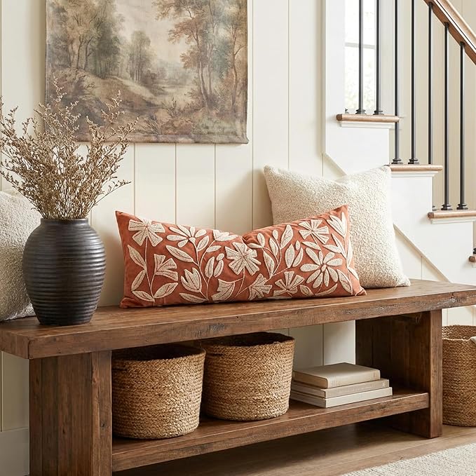 BlissBlush Long Lumbar Pillow Cover 14x36 for Bed, Rust Terracotta Floral Tufted Velvet Accent Oversize Throw Pillowcase for Bedroom, Cover Only