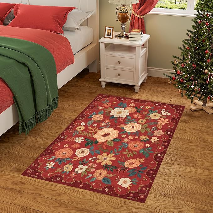 DUKINO 2x3 Entryway Rug, Floral Door Mat Soft Washable Rug Non Slip, Red | Low Pile, Non-Shedding Small Rug for Kitchen, Entrance, Bedroom, Bathroom, Pet Friendly, Stain Resistant, Modern Home Decor