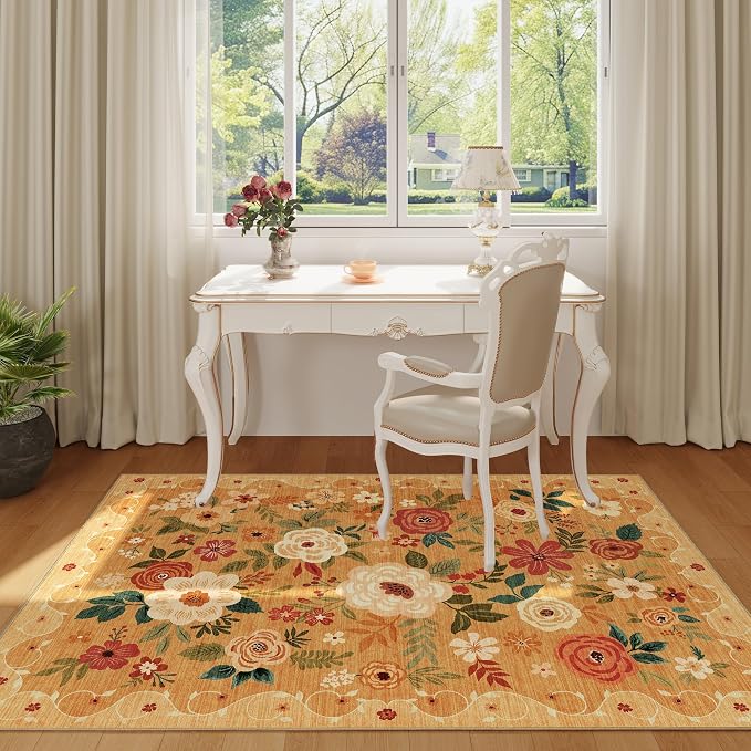 DUKINO 3x5 Area Rug, Floral Washable Rug for Bedroom Non Slip, Orange | Soft, Stain Resistant Low Pile Indoor Rug for Entryway, Bedroom, Bathroom, Living Room, Pet Friendly, Home Decor, Lightweight
