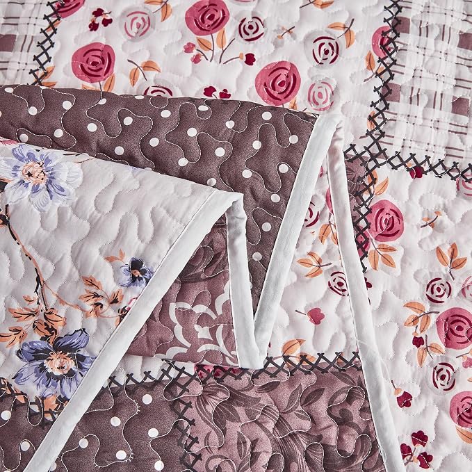 Patchwork Quilt Set Twin Size, 2 Pieces Brown White Floral Plaid Design Summer Bedspread Coverlet Set, Soft Microfiber Reversible Lightweight Bed Cover for Kids (68" x 86", 1 Quilt+ 1 Pillow Sham)