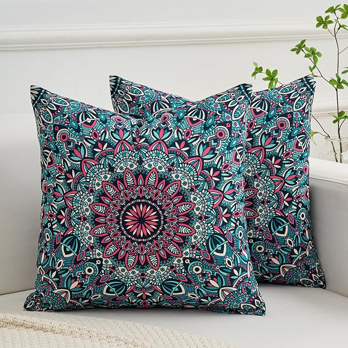 Boho Throw Pillow Covers 18X18 Inch Set of 2 Bohemian Soft Velvet Couch Pillow Cases Farmhouse Decorative Pillow Covers for Sofa Living Room Bedroom Outdoor Patio Porch Teal Geo