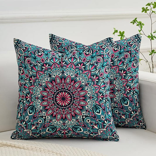 Boho Throw Pillow Covers 18X18 Inch Set of 2 Bohemian Soft Velvet Couch Pillow Cases Farmhouse Decorative Pillow Covers for Sofa Living Room Bedroom Outdoor Patio Porch Teal Geo