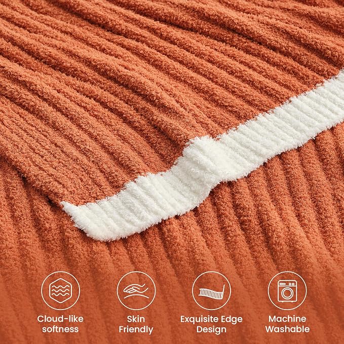 Snuggle Sac Ribbed Burnt Orange Fall Throw Blanket for Couch, Fuzzy Microfiber Knit Blankets for Couch, Sofa, Travel, Burnt Orange, 50x60 inches