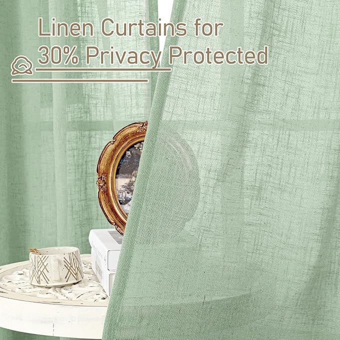 95 Inches Long Fresh Green Linen Curtains for Living Room, 2 Panels | Rod Pocket Back Tab, Semi Sheer Curtains, Light Filtering Farmhouse Drapes for Bedroom, Dining Room, 52 x 95 Inch