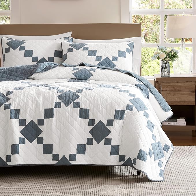 WDCOZY 100% Cotton Quilt California Cal King Size, Oversized Lightweight Reversible Gingham Patchwork Bedding Set with 2 Pillow Shams, Blue Block Pattern Farmhouse Rustic Bedspread Coverlet All Season