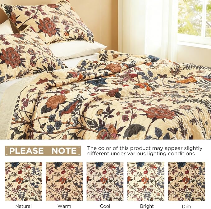 Litanika Floral Beige Quilt King - 3Pcs Botanical Birds Pattern Bed Set | Bedspread Summer Lightweight Soft Coverlet with Orange Flower for All Seasons(106"x96")